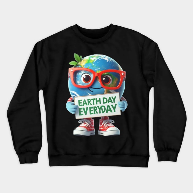 Earth Day Every Day Cute Earth Wearing Red Glasses and Sneakers Crewneck Sweatshirt by Chahrazad's Treasures